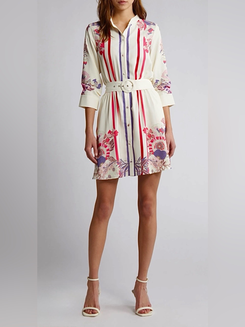NWOT NEW WOMENS LARGE (bust 40”) CIEBON SUZETTE MINI SHIRT DRESS STRIPE FLORAL